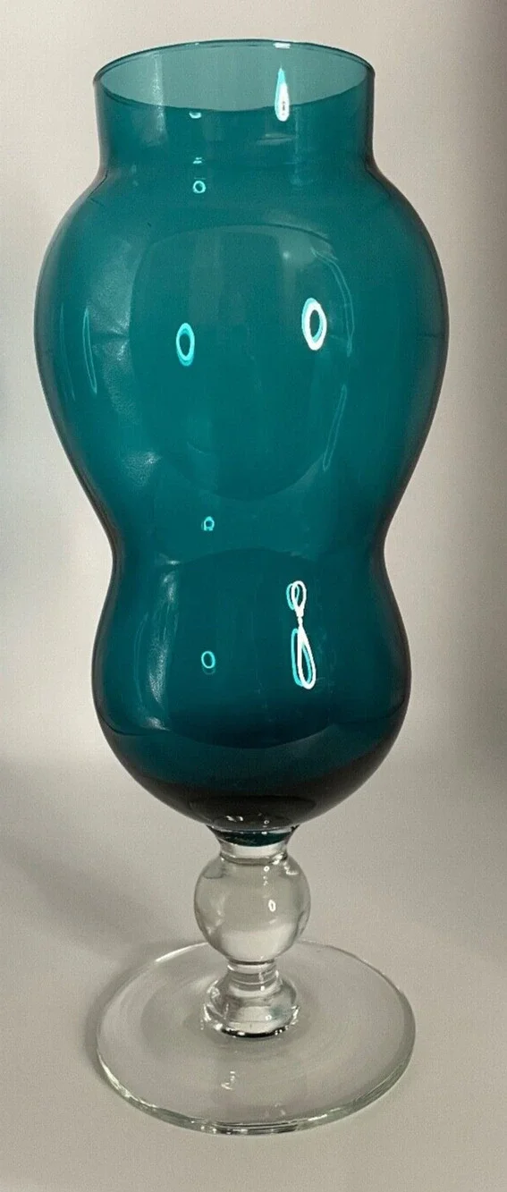 Vintage Handblown Blue Footed Vase Art Glass